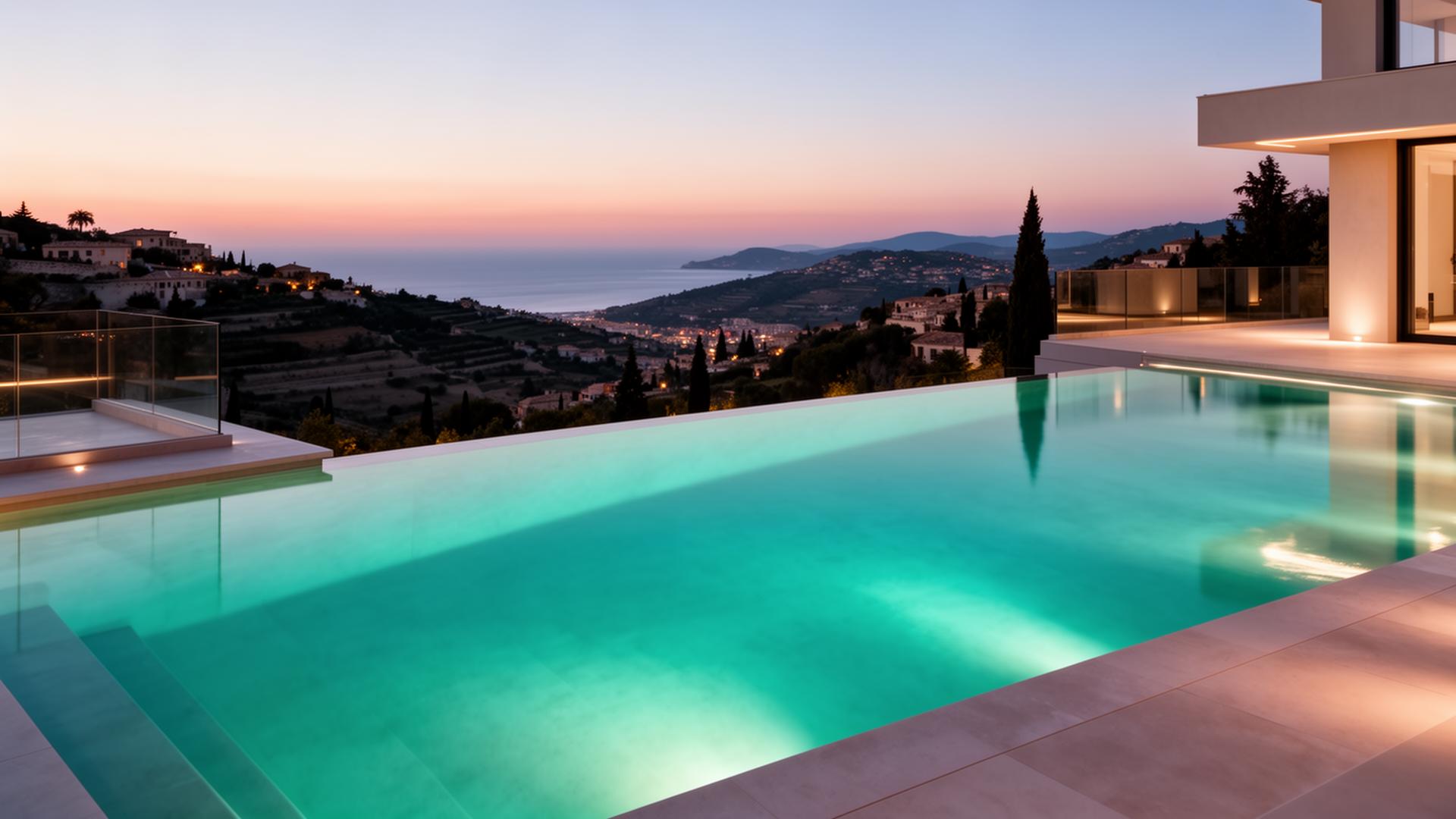 Piscina infinita al atardecer